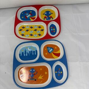 VTG DGI Kids Melamine Divided Plates Set of 2 Space Robot Rocket Ship  9.5"